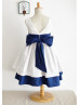 Ivory And Navy Blue Cotton V Back Flower Girl Dress